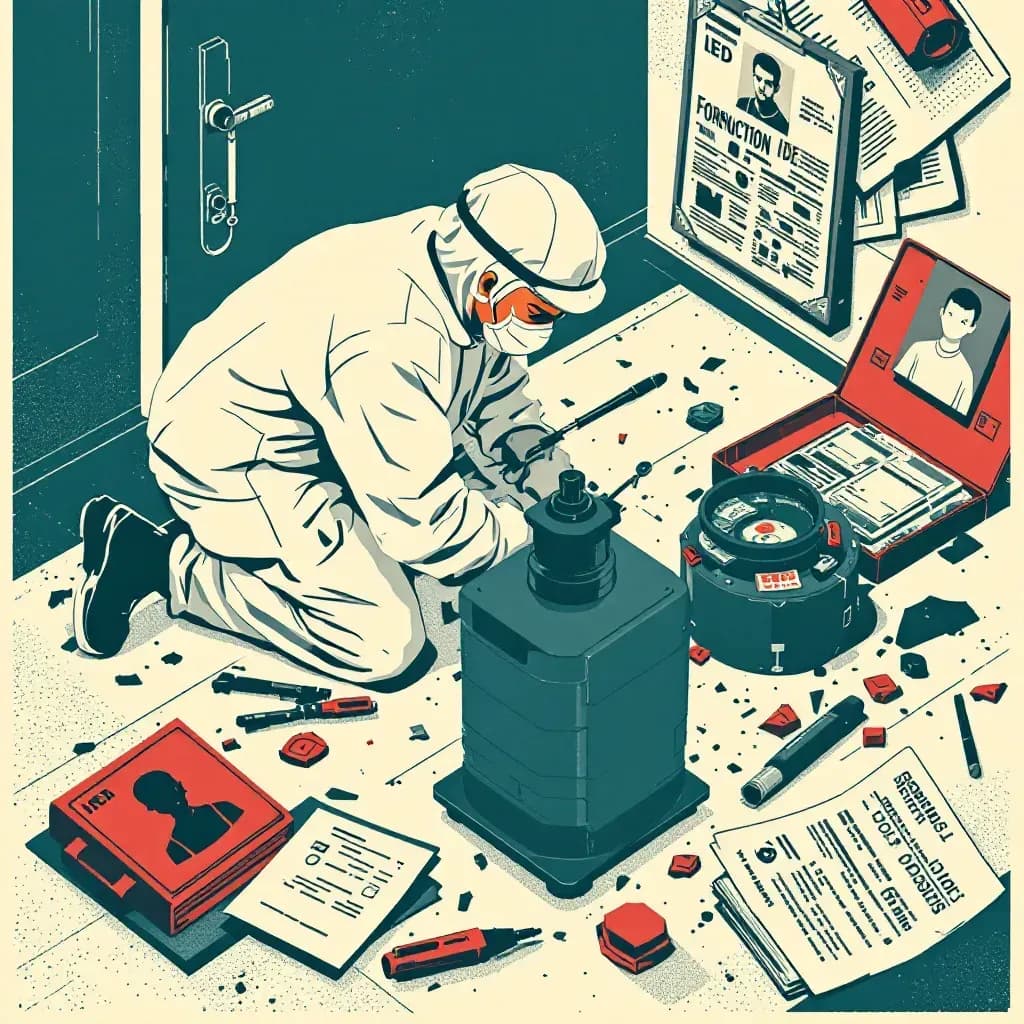 A forensic investigator examines a disarmed IED with tools and magnifying glass, surrounded by scattered debris; a suspect profile photo and psychological reports lie nearby.