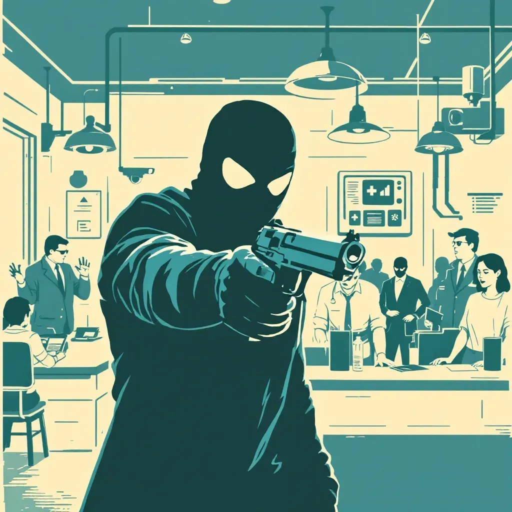 A masked figure holding a gun in a bank during a robbery, frightened tellers and customers, with police and detectives investigating, surveillance footage, and advanced security technology like cameras and alarm systems in the background.