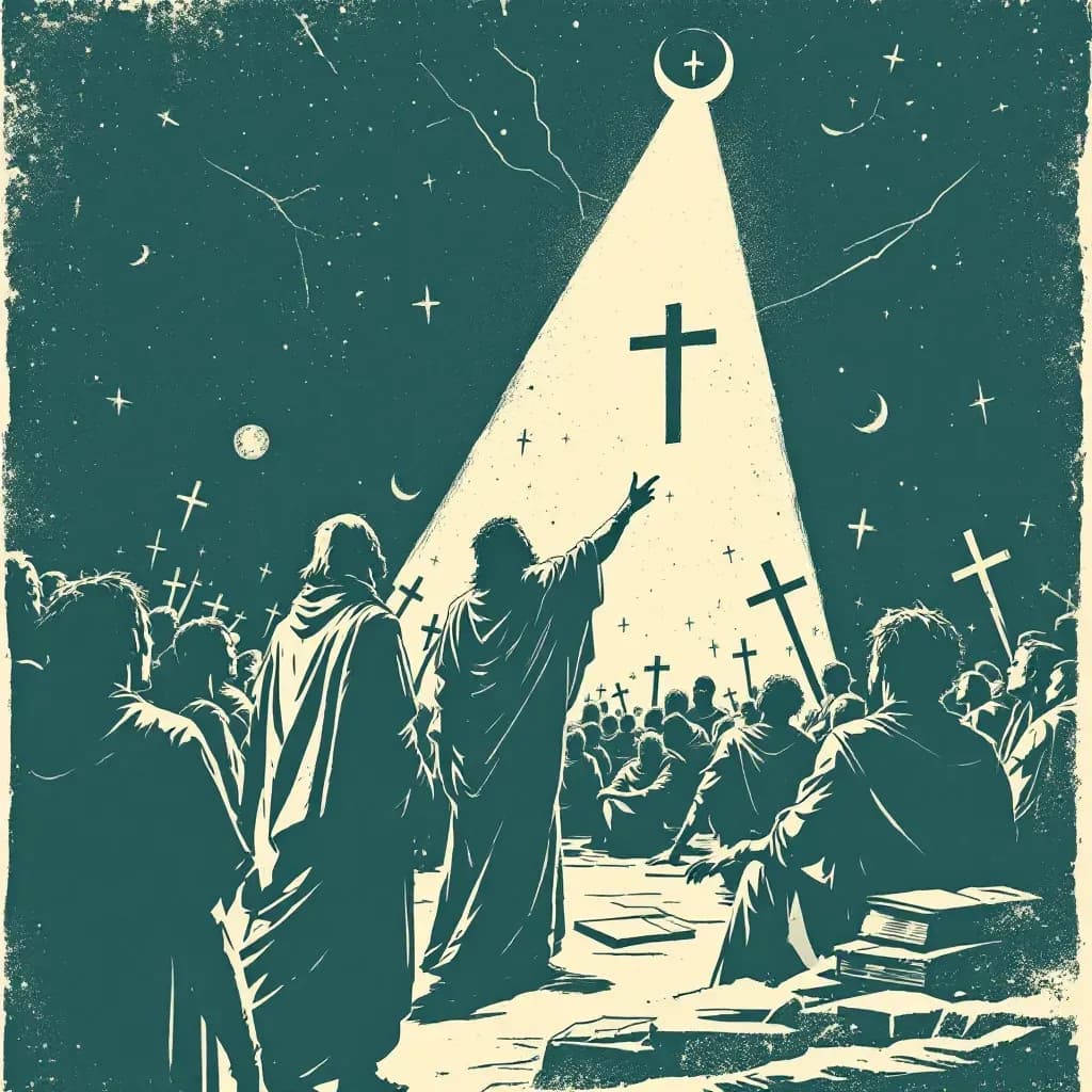 A scene depicting a charismatic cult leader preaching to a congregation, with dark undertones suggesting manipulation; symbols of faith like crosses or religious texts nearby, while followers appear entranced or submissive.