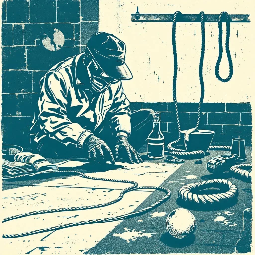 An investigator examines a crime scene, highlighting instruments of asphyxiation like bare hands and ropes; detailed traces are documented, symbolizing forensic analysis and uncovering evidence in a true crime investigation.