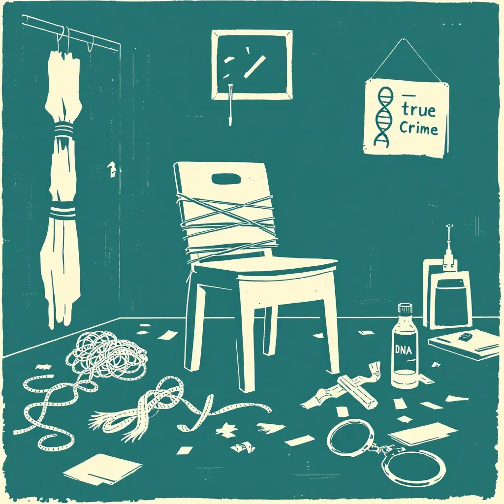 A room with a chair restrained with ropes and tape, scattered forensic evidence, a magnifying glass highlighting fibers, handcuffs, and a DNA sample, symbolizing investigation and control in true crime scenarios.