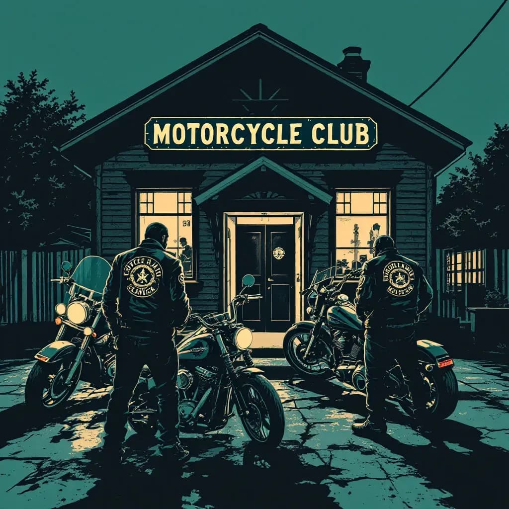 An outlaw motorcycle club's clubhouse exterior, parked motorcycles, members wearing leather jackets with club patches, symbols of loyalty and secrecy, an atmosphere of exclusivity and underlying criminality.