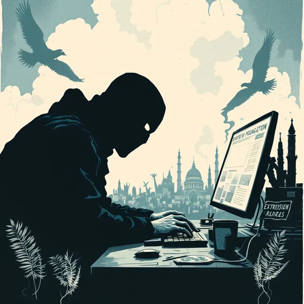 A shadowy figure hunched over a computer screen, surrounded by extremist propaganda, symbolizing the online radicalization process; an ominous atmosphere with hints of danger and societal impact.