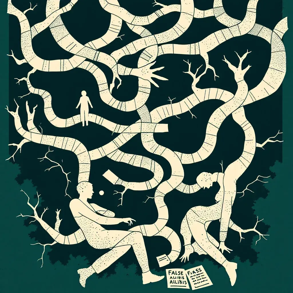 A web of tangled lies and hidden clues illustrating a criminal cover-up, with figures exchanging secretive glances, false alibis written on paper, and an investigator uncovering concealed evidence.