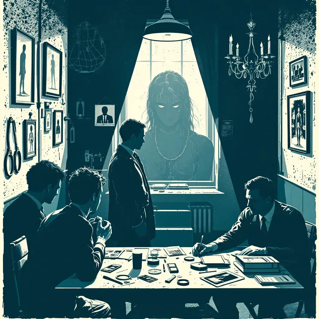 A dimly lit room with interrogation tools like handcuffs and restraints, shadowy figures representing psychological manipulation, an investigator examining photos, and a table with scattered evidence highlighting the quest for justice.