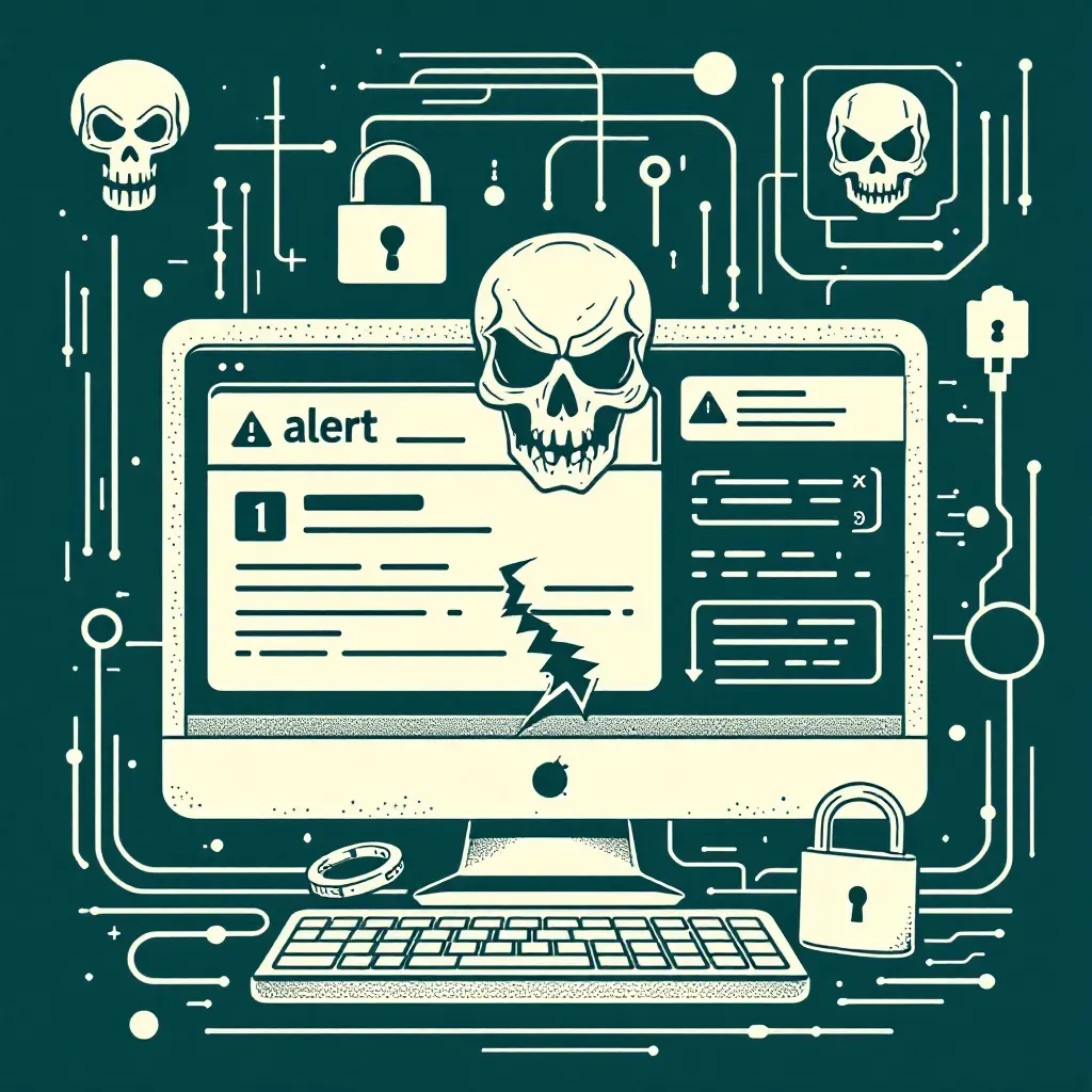 Digital environment showing a computer screen with alert messages, symbols of a sinister skull representing danger, lines of code, and a padlock being broken, symbolizing cybercrime and data breaches.