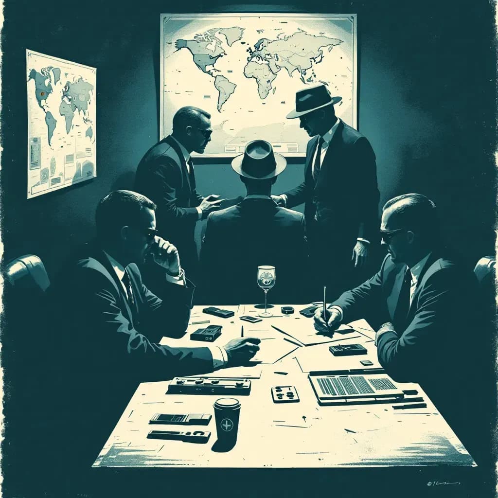 A clandestine meeting in a dimly lit room with CIA operatives exchanging confidential documents, various spy gadgets on the table, a wall map with marked locations indicating global operations and intrigue.
