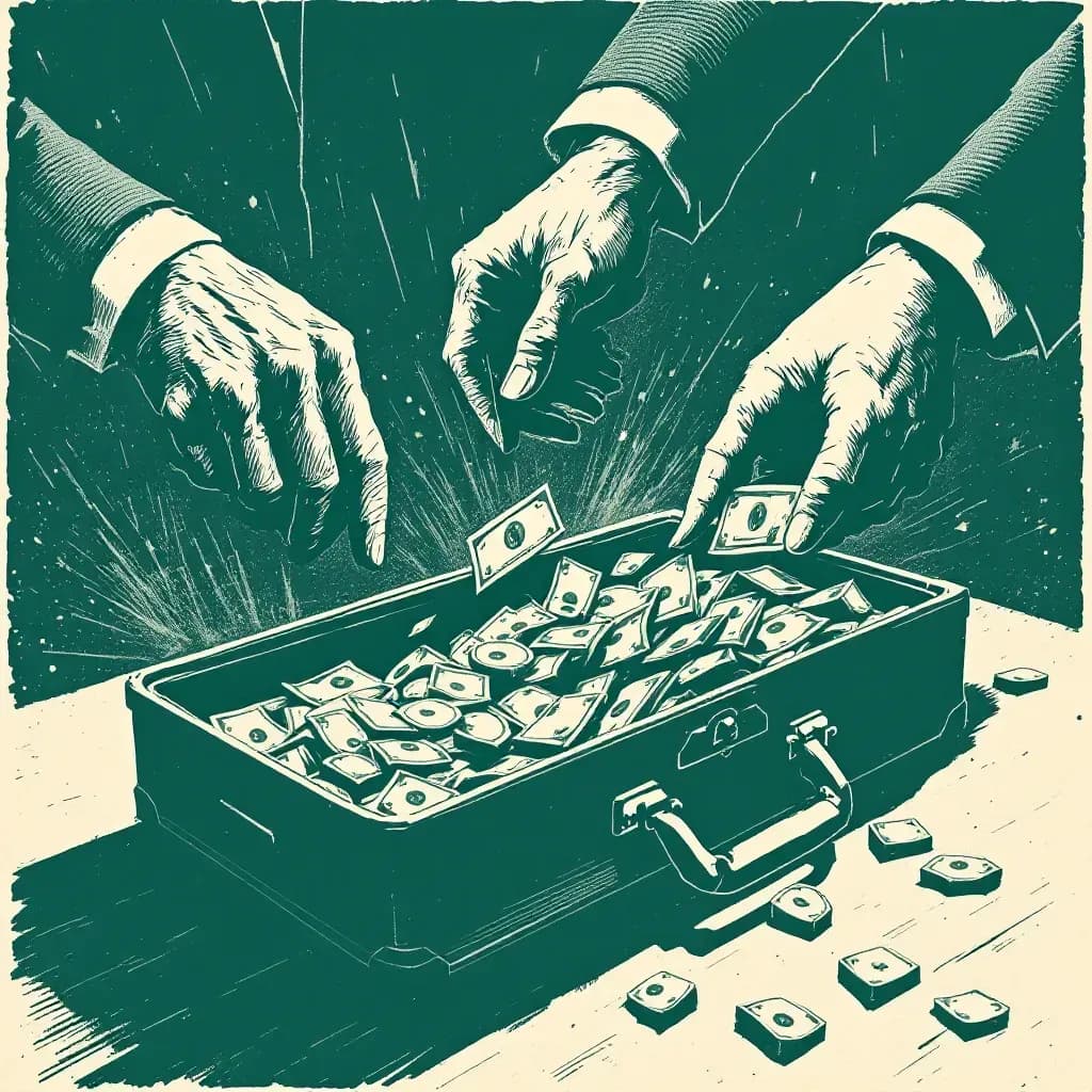 A clandestine exchange of money concealed within a briefcase, symbolizing hidden corruption, with darkened figures in the shadows representing anonymous actors in the bribery process.