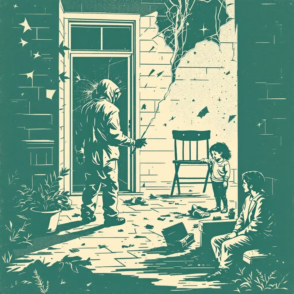Depiction of a crime scene with forensic investigators examining evidence, a broken window indicating entry, a scattered chair, and a visible emotional aftermath showing a family in distress nearby.