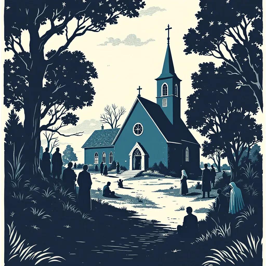 A church in a small community with people engaged in secretive discussions, showing trust exploitation and hidden dynamics in a closed society.