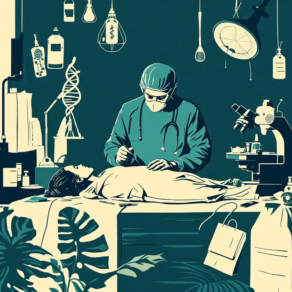 A forensic pathologist examines a body in a clinical setting, surrounded by tools like scalpels, evidence bags, and microscopes, highlighting the use of DNA analysis and toxicology in uncovering murder mysteries.