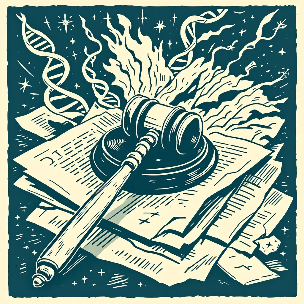 A courtroom gavel lying across a stack of legal documents, symbolizing justice; DNA strands emerging from the shadows, representing new evidence; a broken pair of scales indicating a miscarriage of justice.