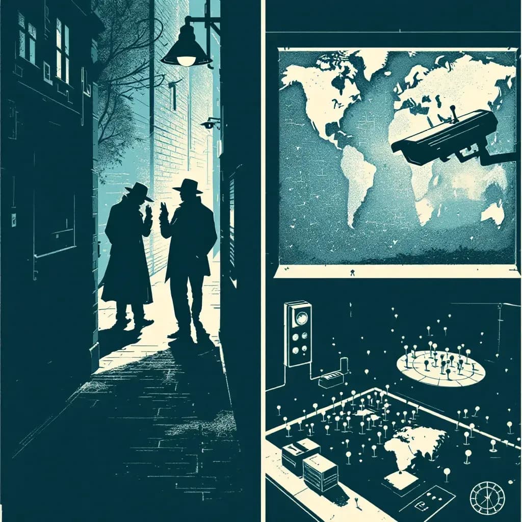 Espionage agents exchanging secrets in a shadowy alley, a covert surveillance operation with hidden cameras, and a darkened room with a map covered in pins, symbolizing global intrigue and state secrets.