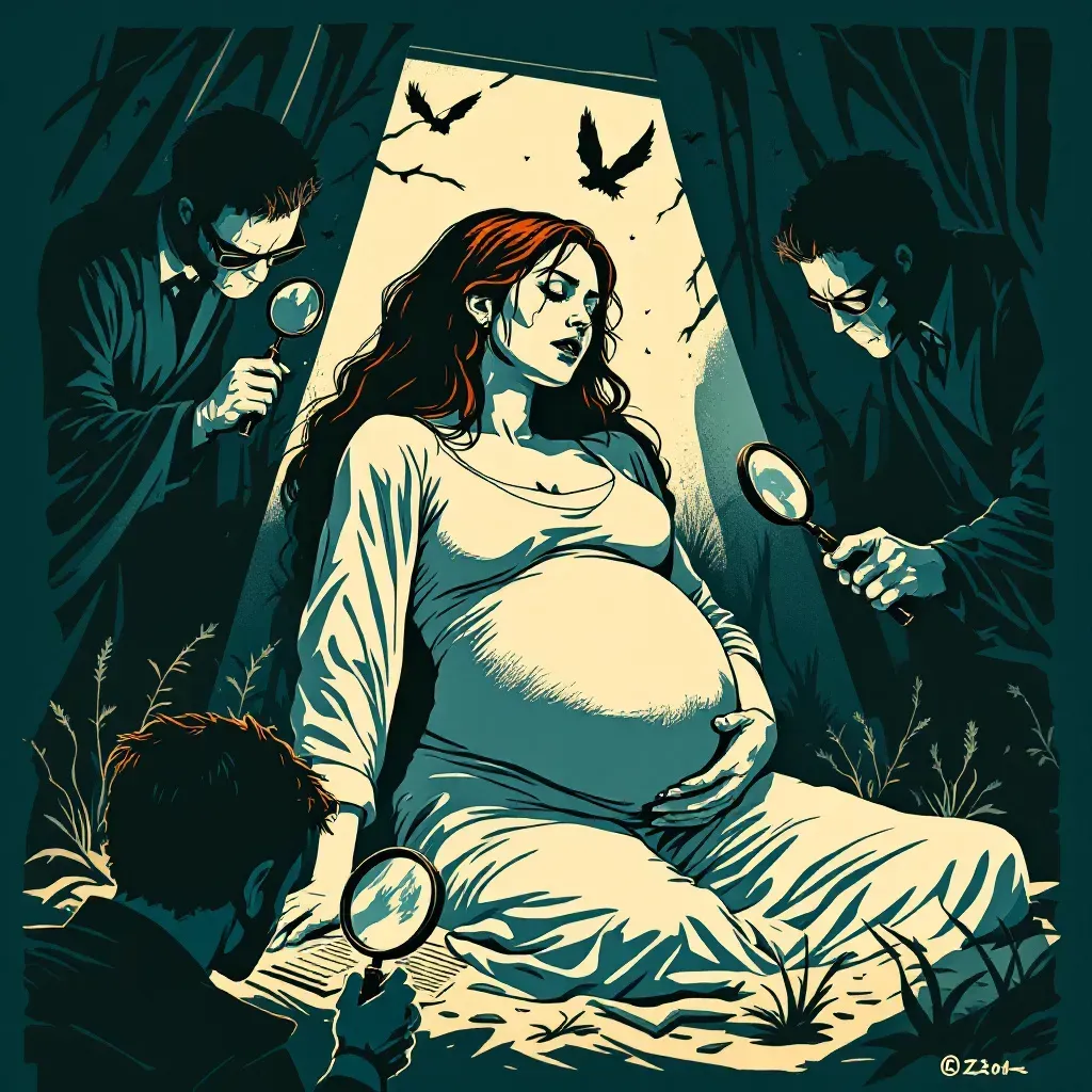 A pregnant woman in distress, surrounded by an ominous setting hinting at vulnerability and danger, while investigators examine evidence with magnifying glasses.