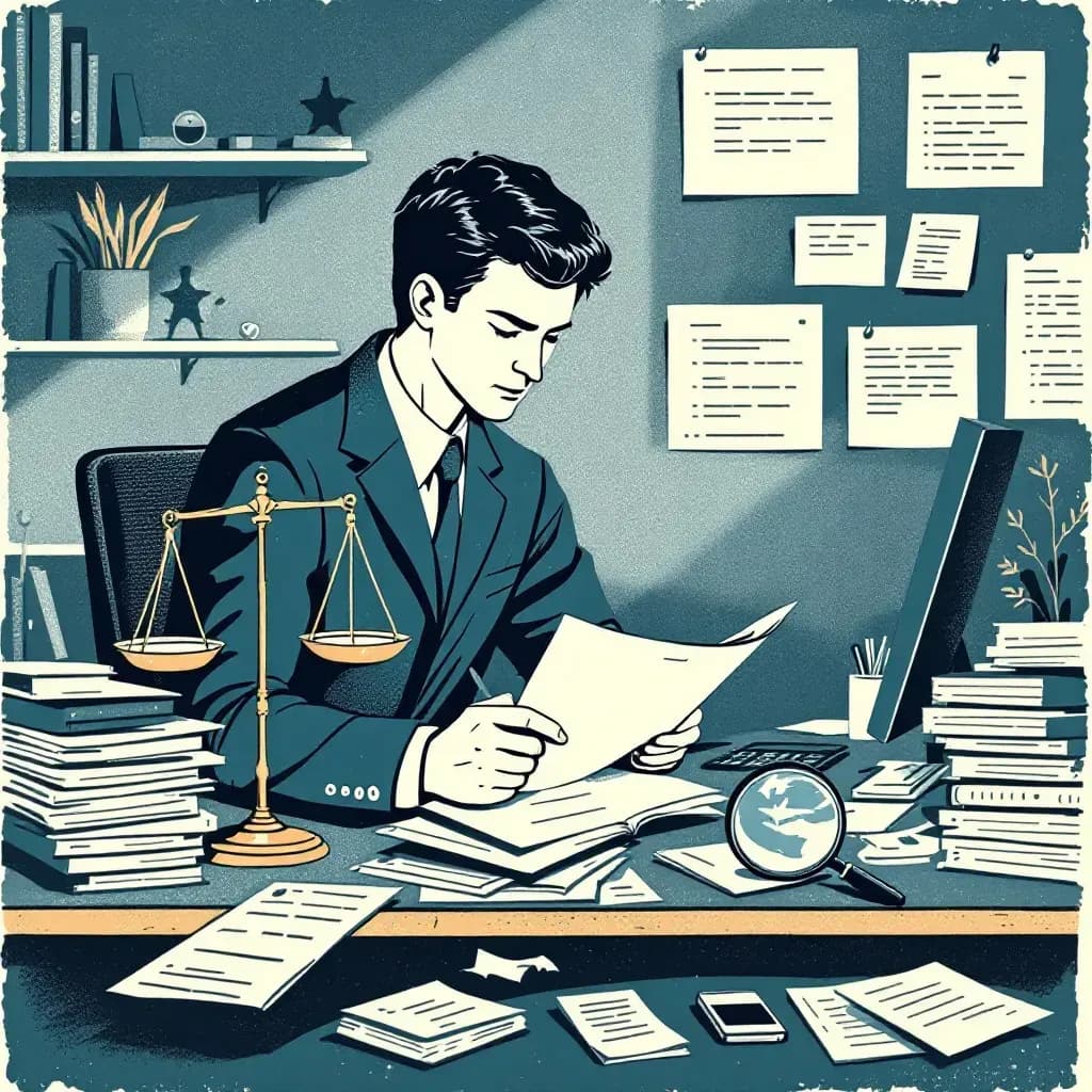 A journalist reviewing stacks of documents and interview recordings at a cluttered desk, with a balance scale symbolizing ethical considerations and a magnifying glass over evidence, representing investigation and the pursuit of truth in true crime.