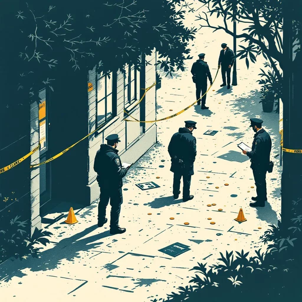 Investigators examining a crime scene with evidence markers, tape around the area, and police officers taking notes; symbolizes the complex and captivating nature of murder investigations.