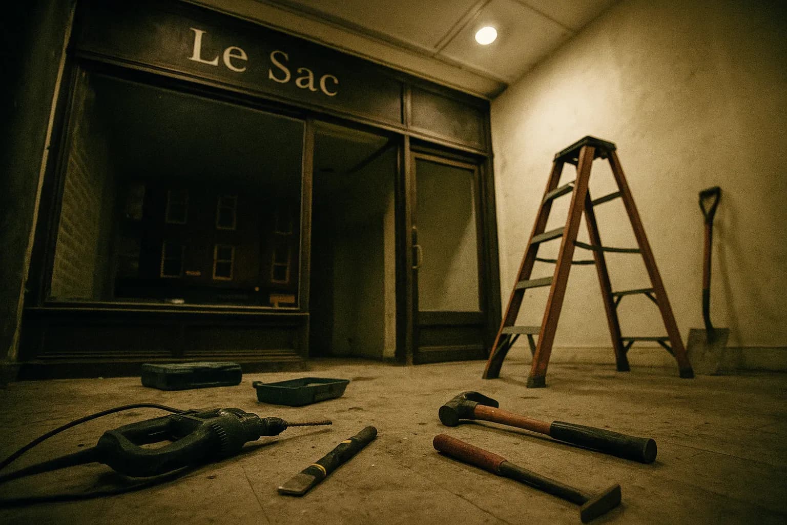 A rented shop called Le Sac on Baker Street, with construction tools scattered, hinting at the tunnel heist beneath.