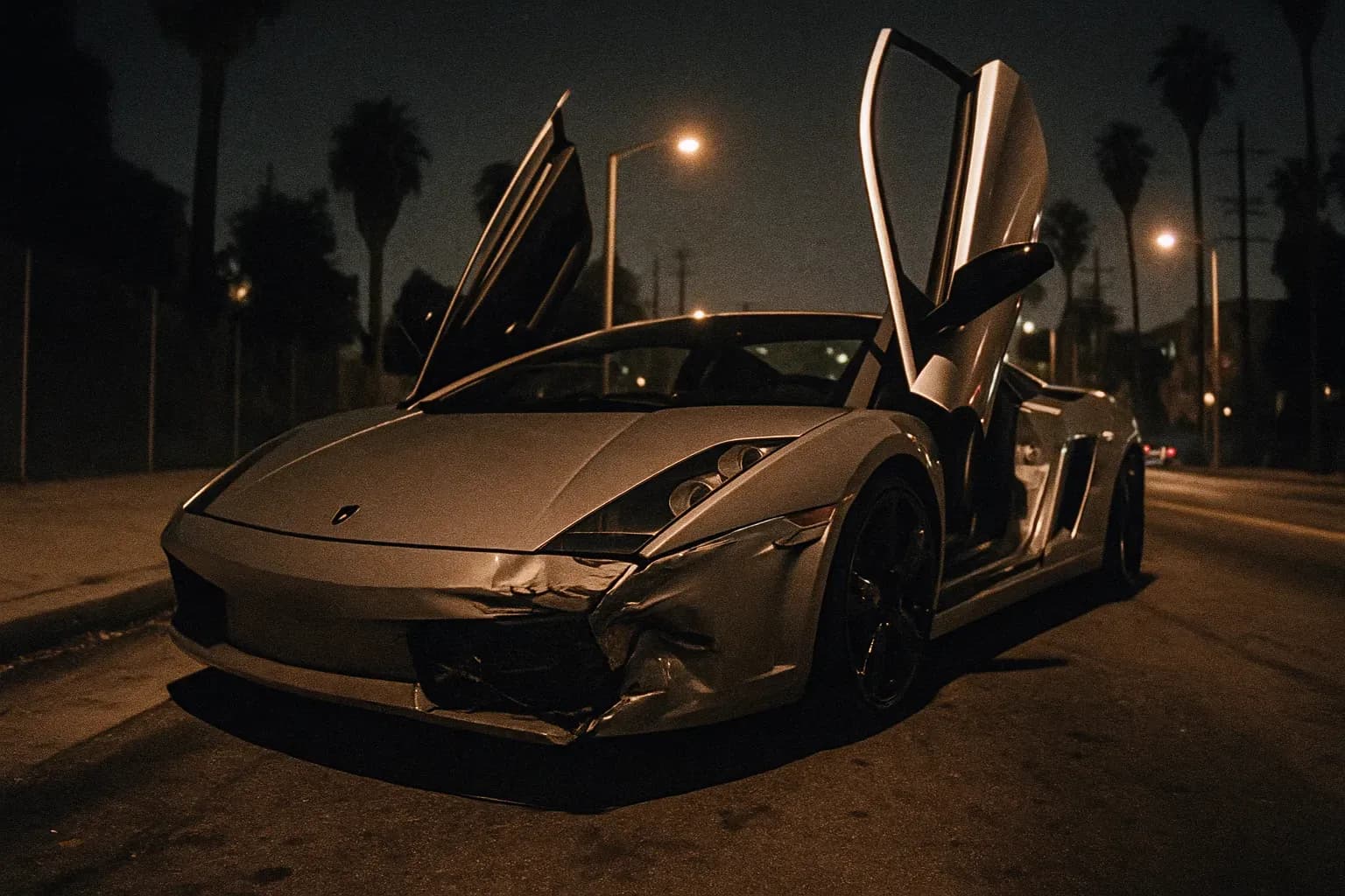 A damaged silver Lamborghini parked on a dimly lit Los Angeles street, its doors ajar, capturing the aftermath of Chris Brown's 2009 assault on Rihanna.
