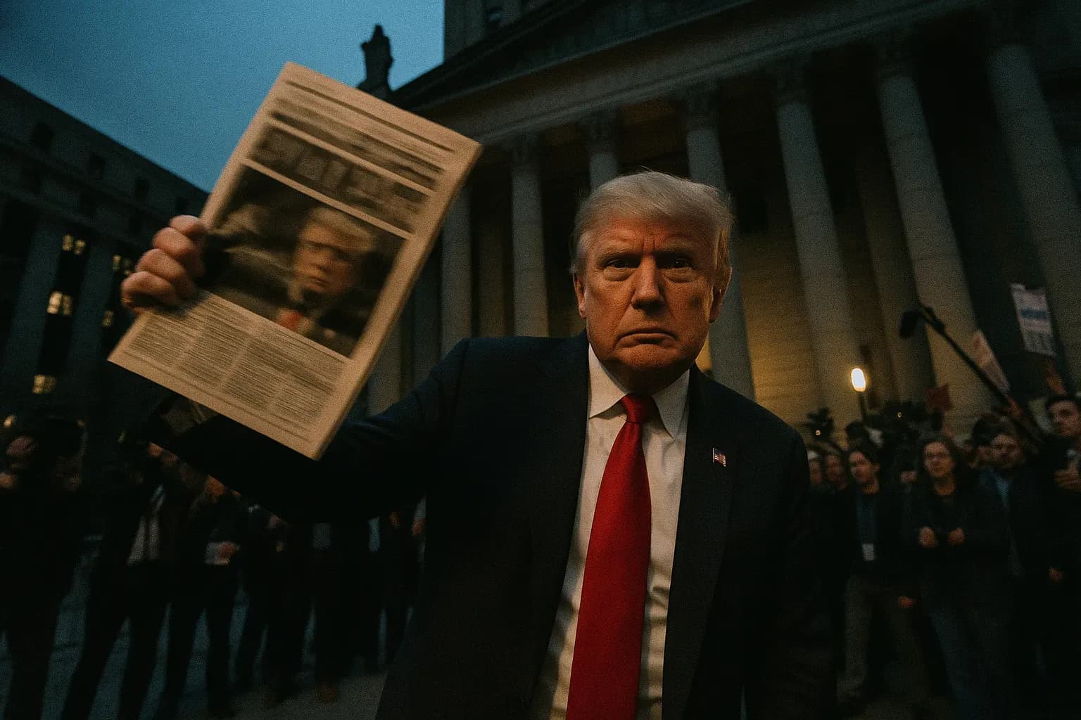 A figure resembling Donald Trump holding a newspaper with a bold headline outside a Manhattan courthouse, while a crowd of reporters and protesters gather in the background
