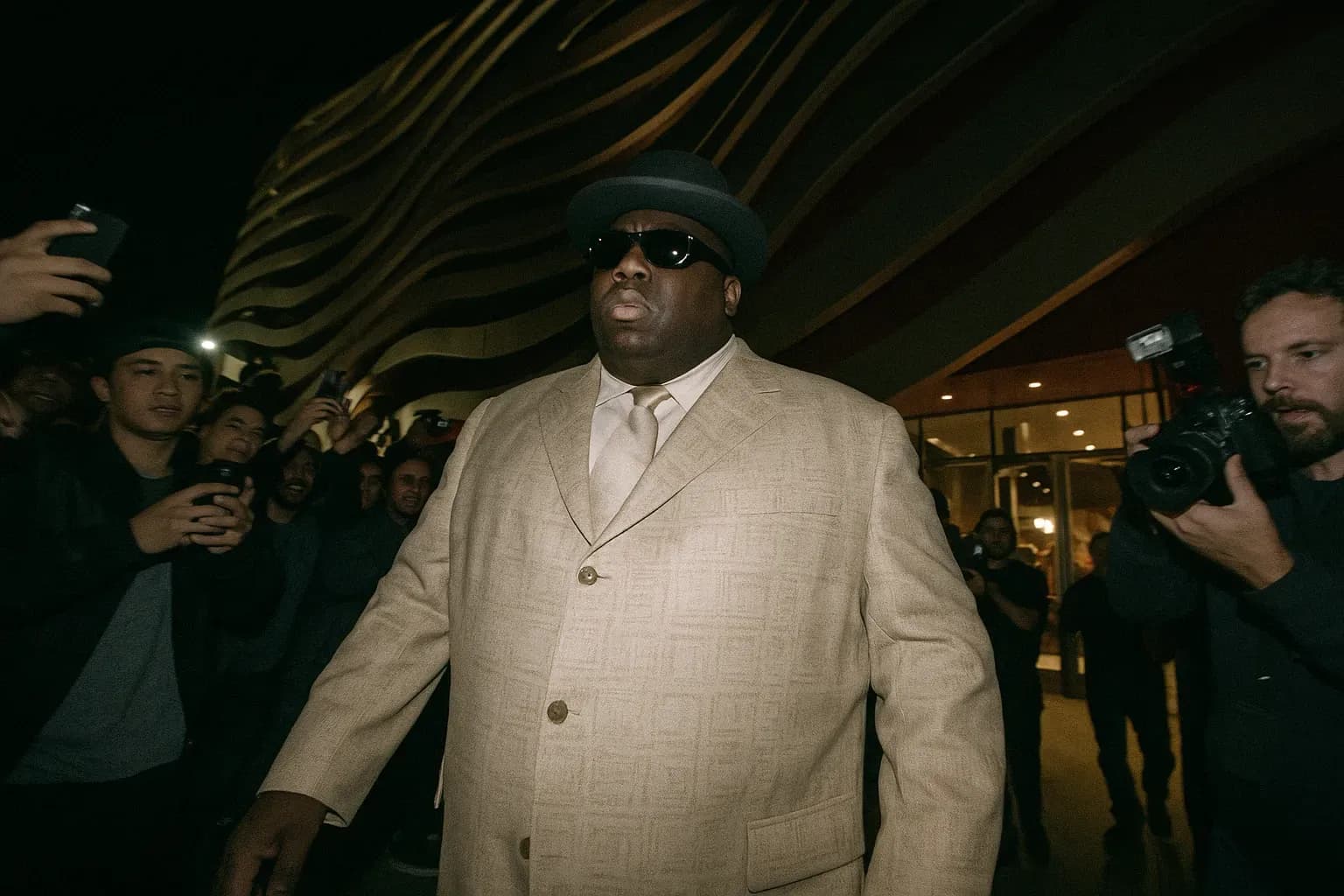 En person, der ligner The Notorious B.I.G., forlader Petersen Automotive Museum iført en karakteristisk dragt, omgivet af en skare af fans og paparazzier.