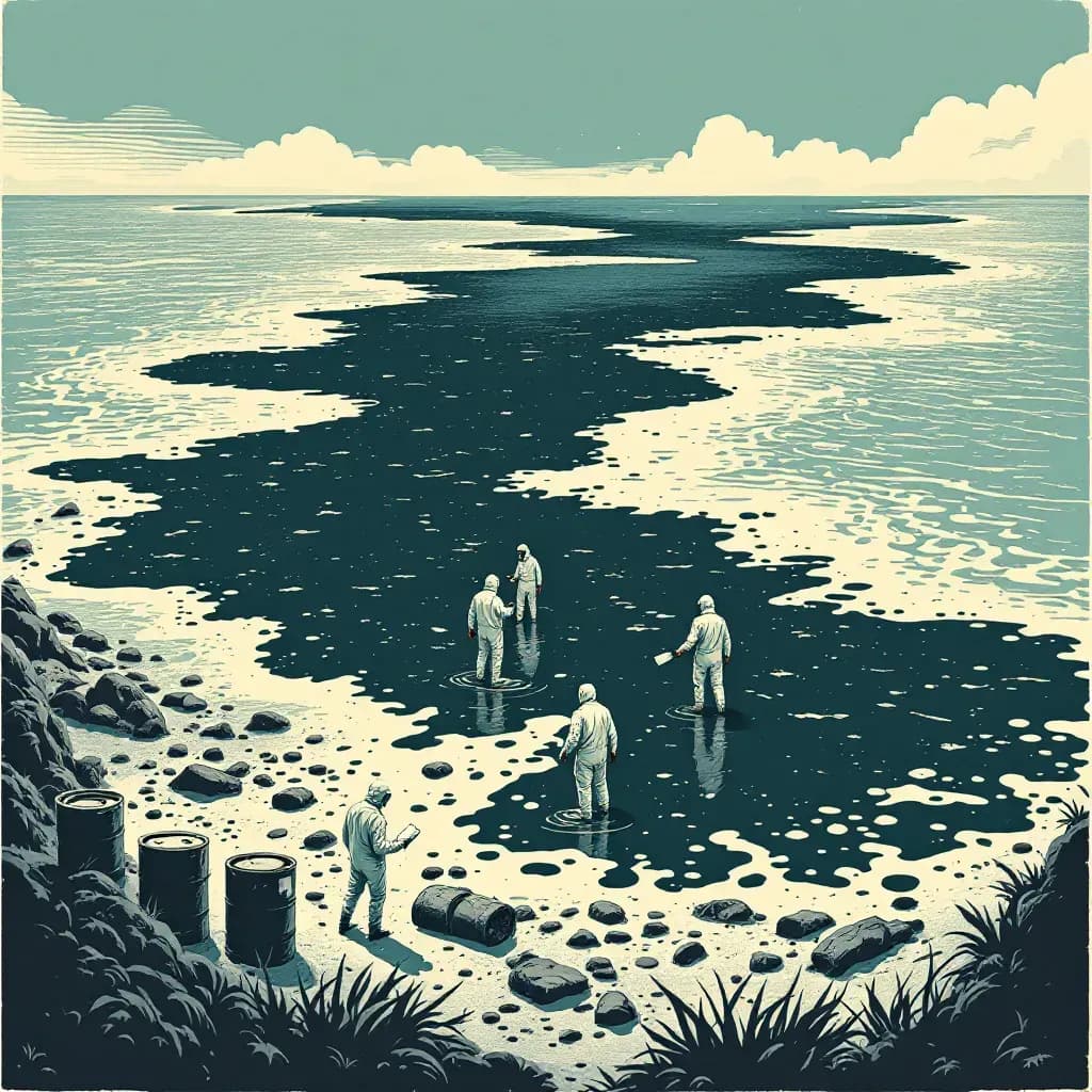 An oil slick covering a stretch of sea, with nearby damaged barrels indicating illegal dumping, and a team of investigators in protective suits collecting samples and documenting the spill.