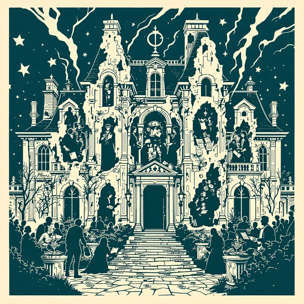A crumbling opulent mansion facade with hidden layers revealing squabbling nobles, shadowy figures exchanging money, and documents symbolizing inheritance disputes, illustrating crime and scandal within the aristocracy.