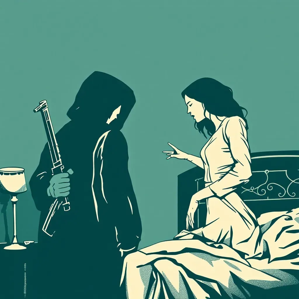 An intense scene depicting a domestic setting where a heated argument escalates, with an ominous figure gripping a weapon behind their back, symbolizing the violence and control stemming from jealousy.
